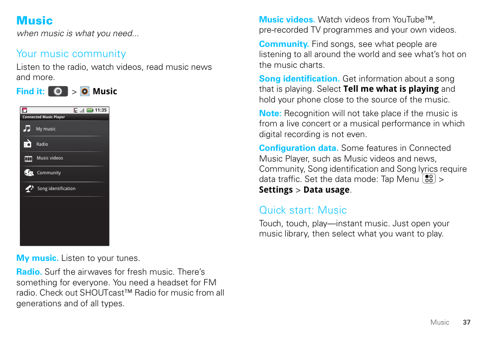 Music, Your music community, Quick start: music | Motorola DEFY XT300 User Manual | Page 39 / 66