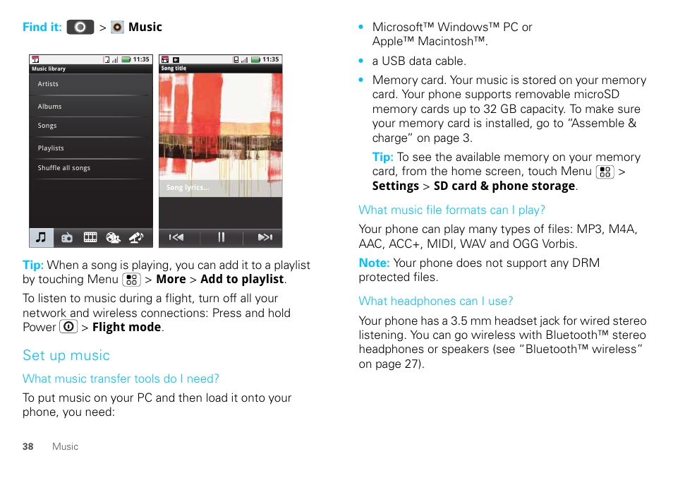 Set up music | Motorola DEFY XT300 User Manual | Page 40 / 66