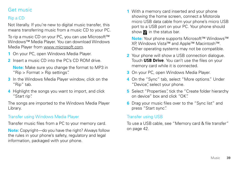Get music | Motorola DEFY XT300 User Manual | Page 41 / 66