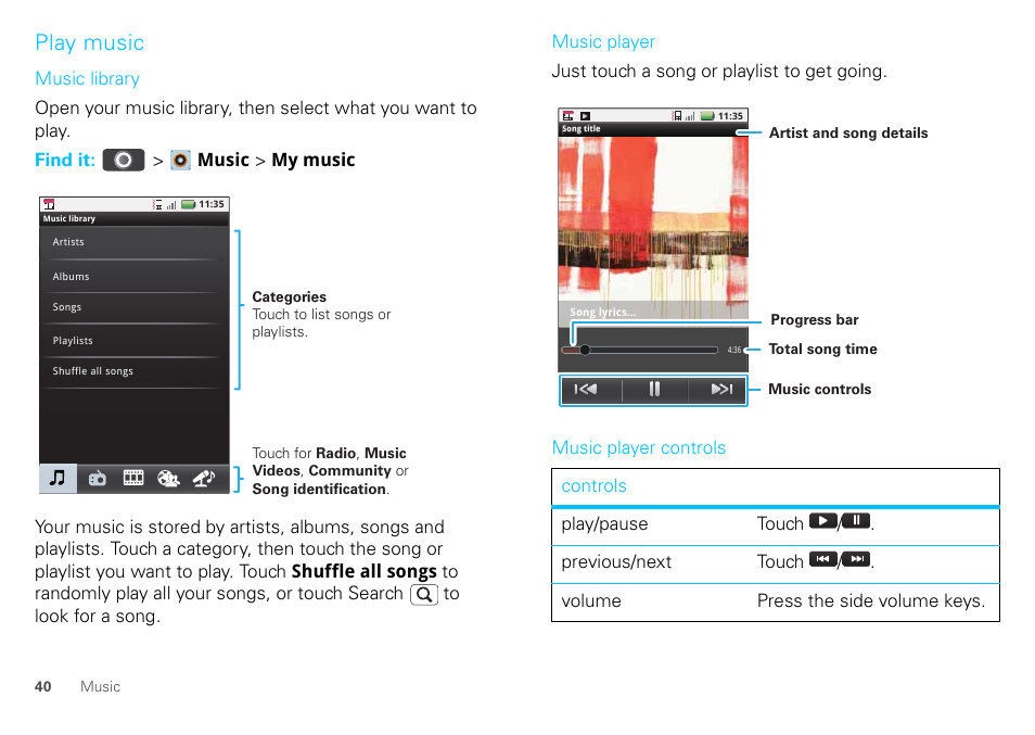 Play music | Motorola DEFY XT300 User Manual | Page 42 / 66