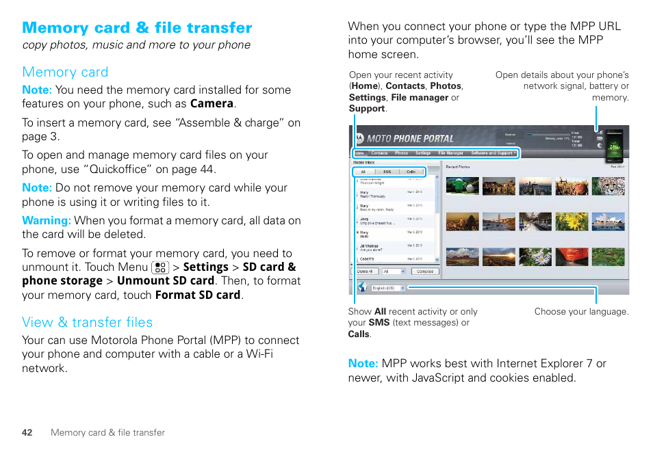 Memory card & file transfer, Memory card, View & transfer files | Motorola DEFY XT300 User Manual | Page 44 / 66