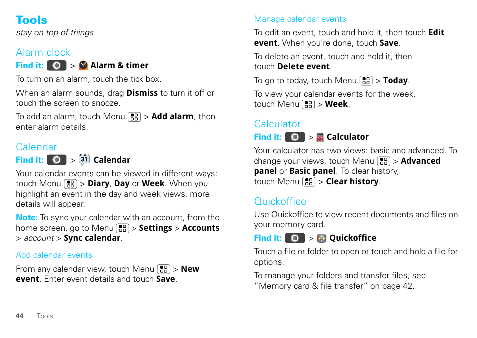 Tools, Alarm clock, Calendar | Calculator, Quickoffice | Motorola DEFY XT300 User Manual | Page 46 / 66