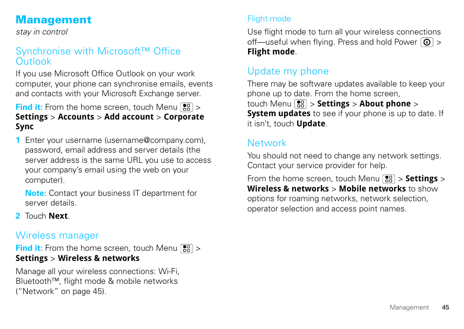 Management, Synchronise with microsoft™ office outlook, Wireless manager | Update my phone, Network | Motorola DEFY XT300 User Manual | Page 47 / 66