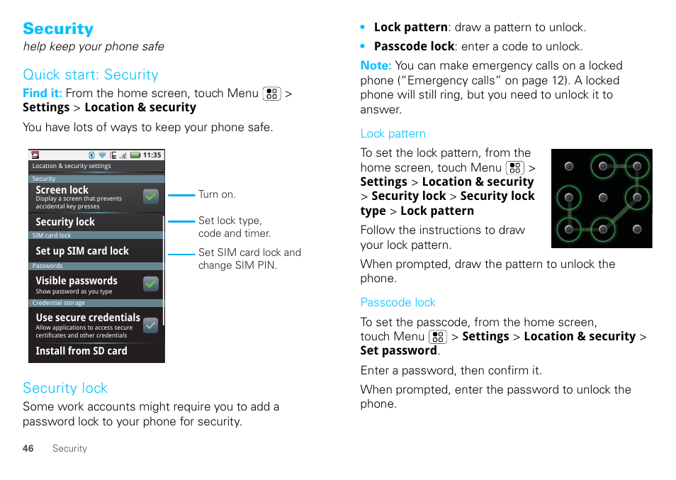 Security, Quick start: security, Security lock | Motorola DEFY XT300 User Manual | Page 48 / 66