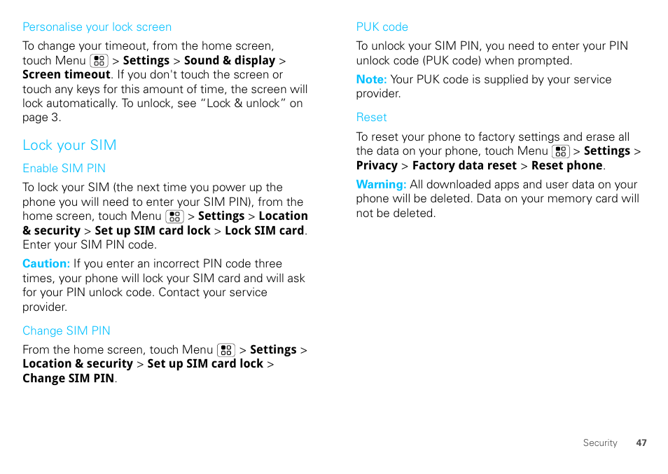 Lock your sim | Motorola DEFY XT300 User Manual | Page 49 / 66