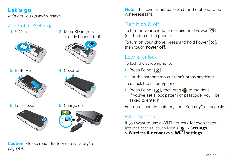 Let's go, Assemble & charge, Turn it on & off | Lock & unlock, Wi-fi connect | Motorola DEFY XT300 User Manual | Page 5 / 66