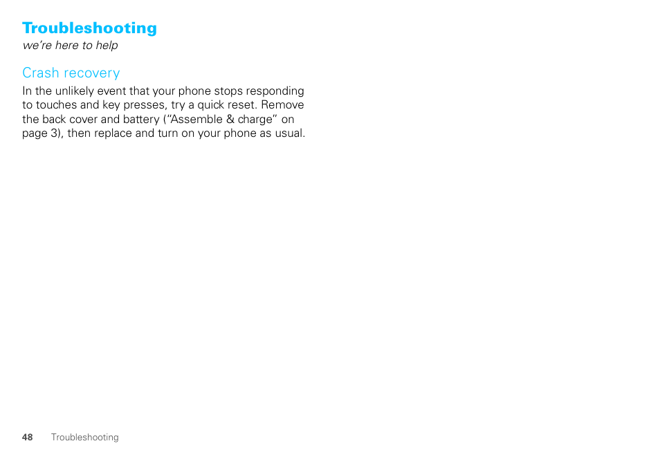 Troubleshooting, Crash recovery | Motorola DEFY XT300 User Manual | Page 50 / 66