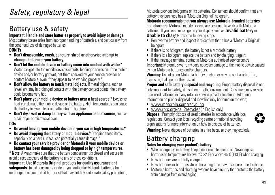 Safety, regulatory & legal, Battery use & safety, Battery charging | Motorola DEFY XT300 User Manual | Page 51 / 66