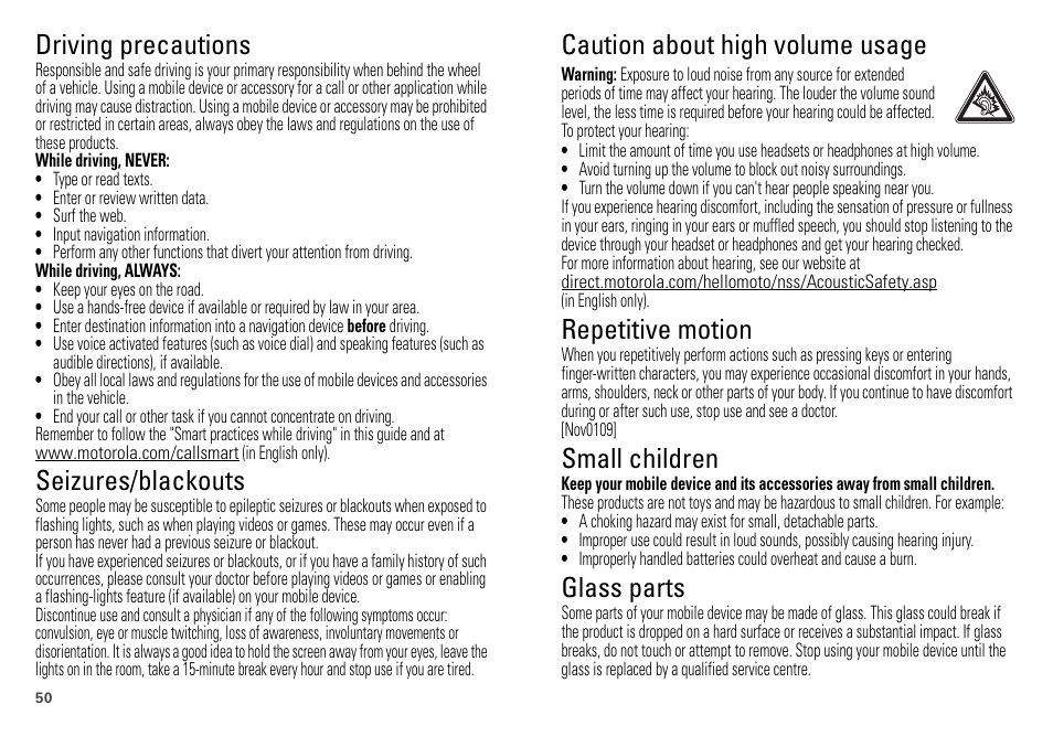 Driving precautions, Seizures/blackouts, Caution about high volume usage | Repetitive motion, Small children, Glass parts | Motorola DEFY XT300 User Manual | Page 52 / 66