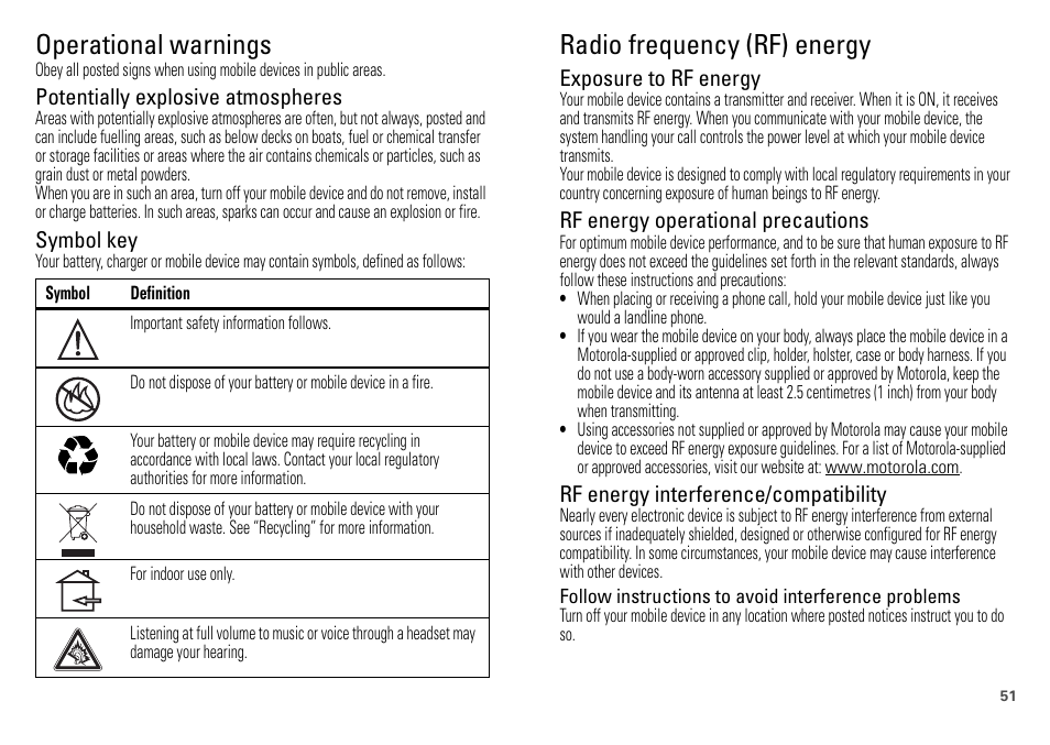 Operational warnings, Radio frequency (rf) energy | Motorola DEFY XT300 User Manual | Page 53 / 66