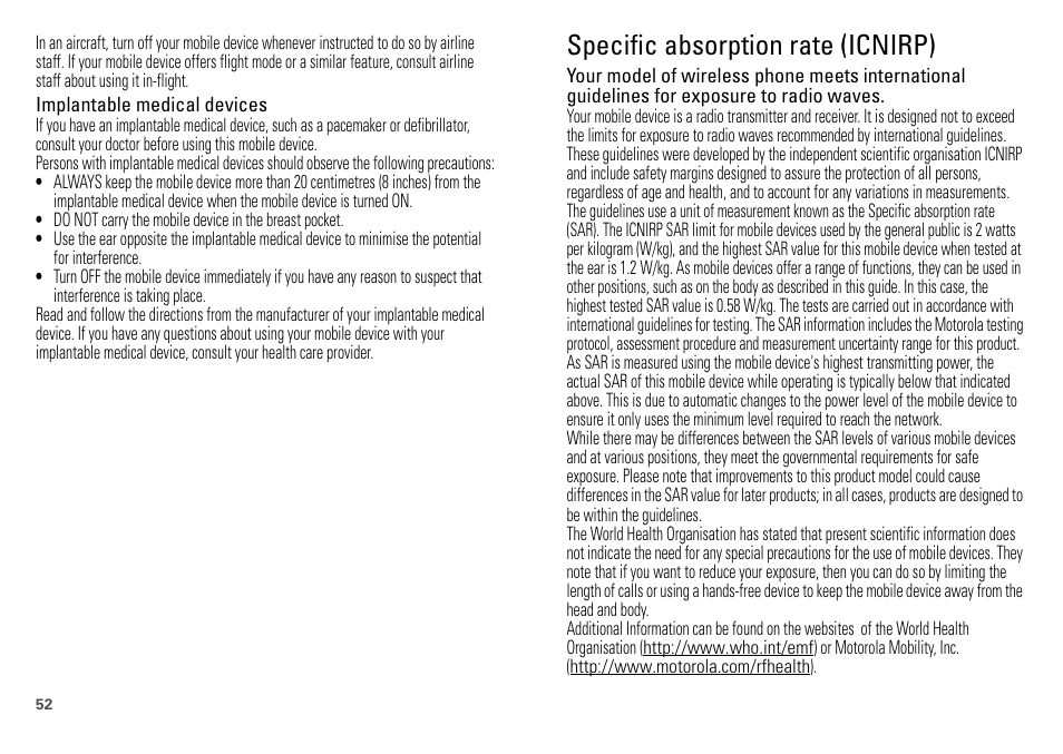 Sar (icnirp), Specific absorption rate (icnirp) | Motorola DEFY XT300 User Manual | Page 54 / 66