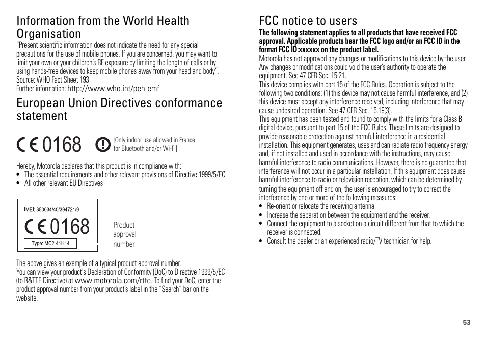 Who information, Fcc notice, Information from the world health organisation | European union directives conformance statement, Fcc notice to users | Motorola DEFY XT300 User Manual | Page 55 / 66