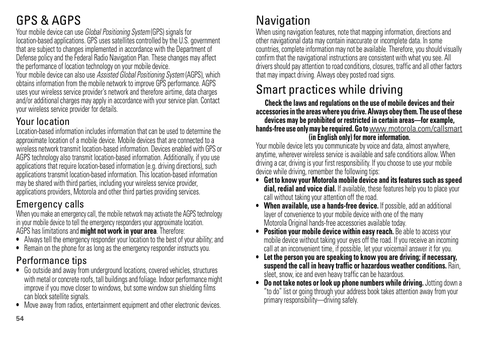 Gps & agps, Navigation, Driving safety | Smart practices while driving | Motorola DEFY XT300 User Manual | Page 56 / 66