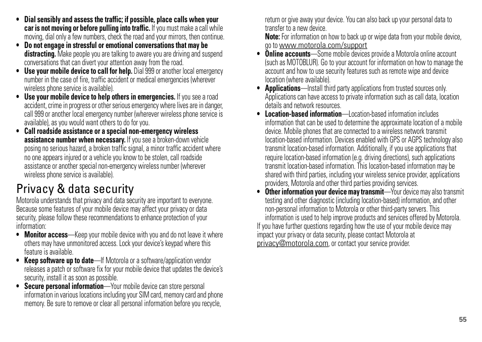 Privacy & data security | Motorola DEFY XT300 User Manual | Page 57 / 66