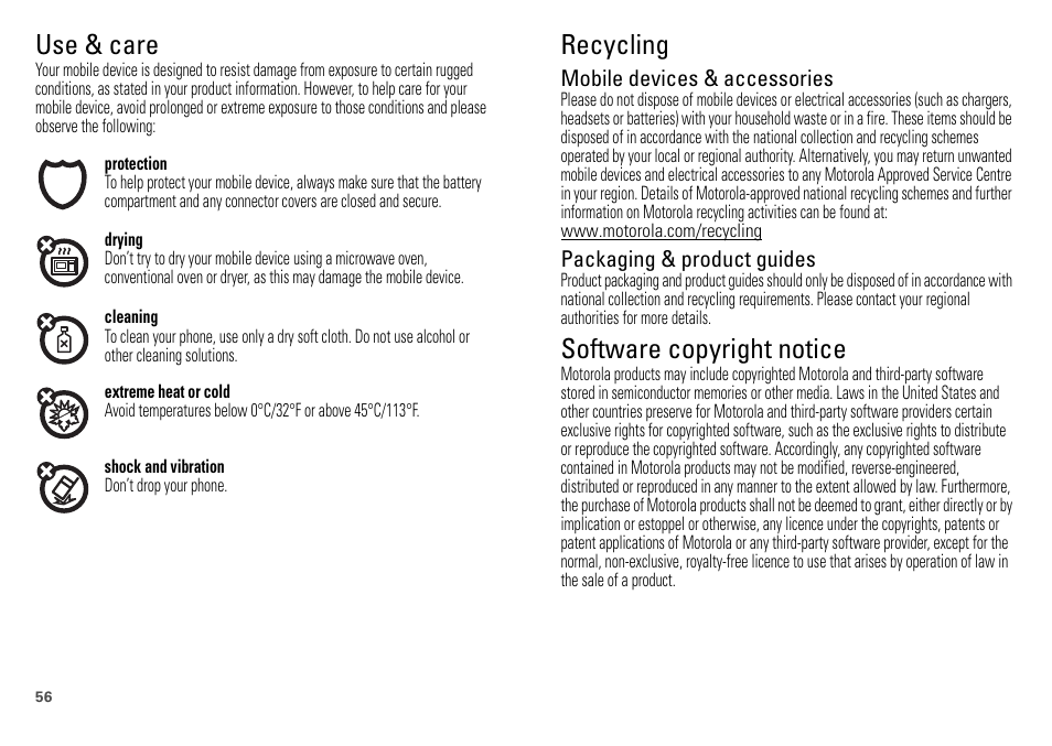 Use & care, Recycling, Software copyright notice | Mobile devices & accessories, Packaging & product guides | Motorola DEFY XT300 User Manual | Page 58 / 66