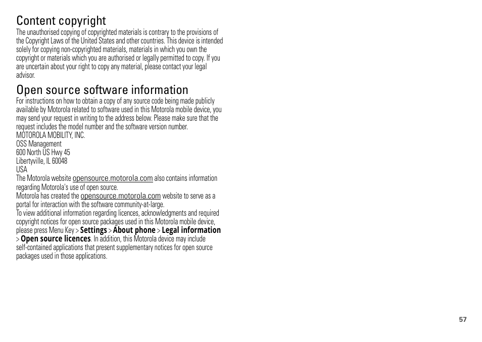 Content copyright, Oss information, Open source software information | Motorola DEFY XT300 User Manual | Page 59 / 66