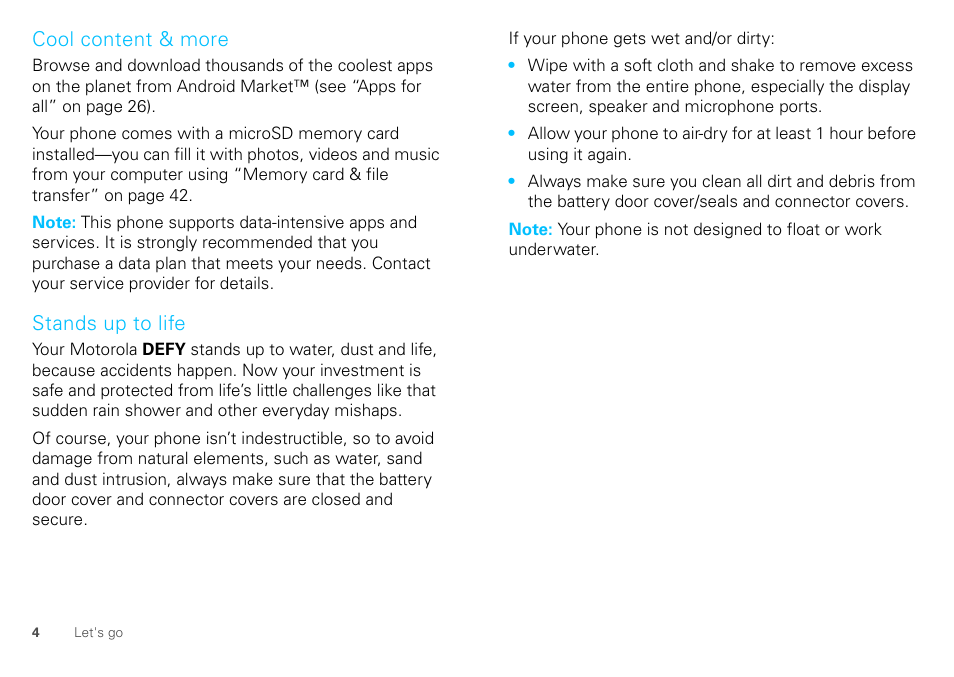 Cool content & more, Stands up to life | Motorola DEFY XT300 User Manual | Page 6 / 66