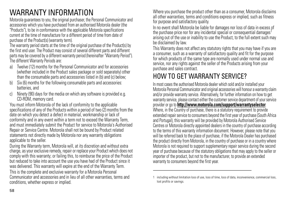 Warranty information, How to get warranty service | Motorola DEFY XT300 User Manual | Page 60 / 66