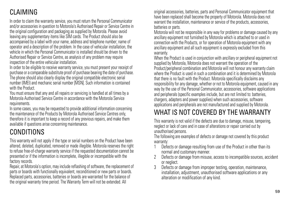 Claiming, Conditions, What is not covered by the warranty | Motorola DEFY XT300 User Manual | Page 61 / 66