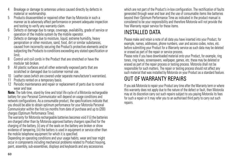 Installed data, Out of warranty repairs | Motorola DEFY XT300 User Manual | Page 62 / 66