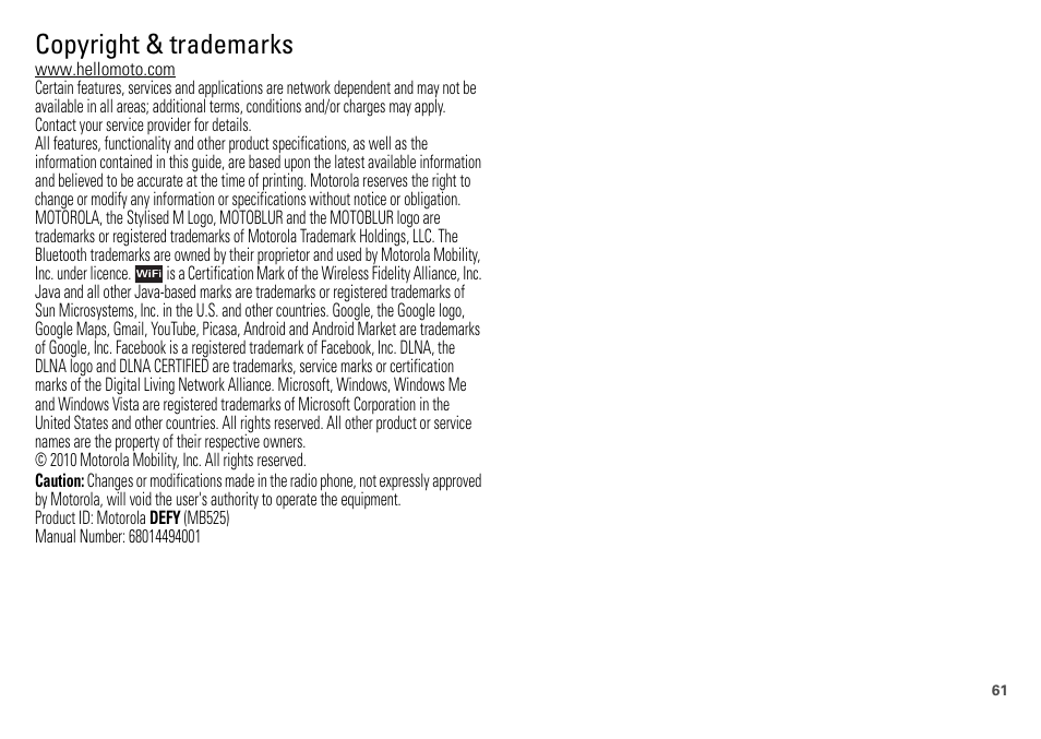 Copyright & trademarks | Motorola DEFY XT300 User Manual | Page 63 / 66