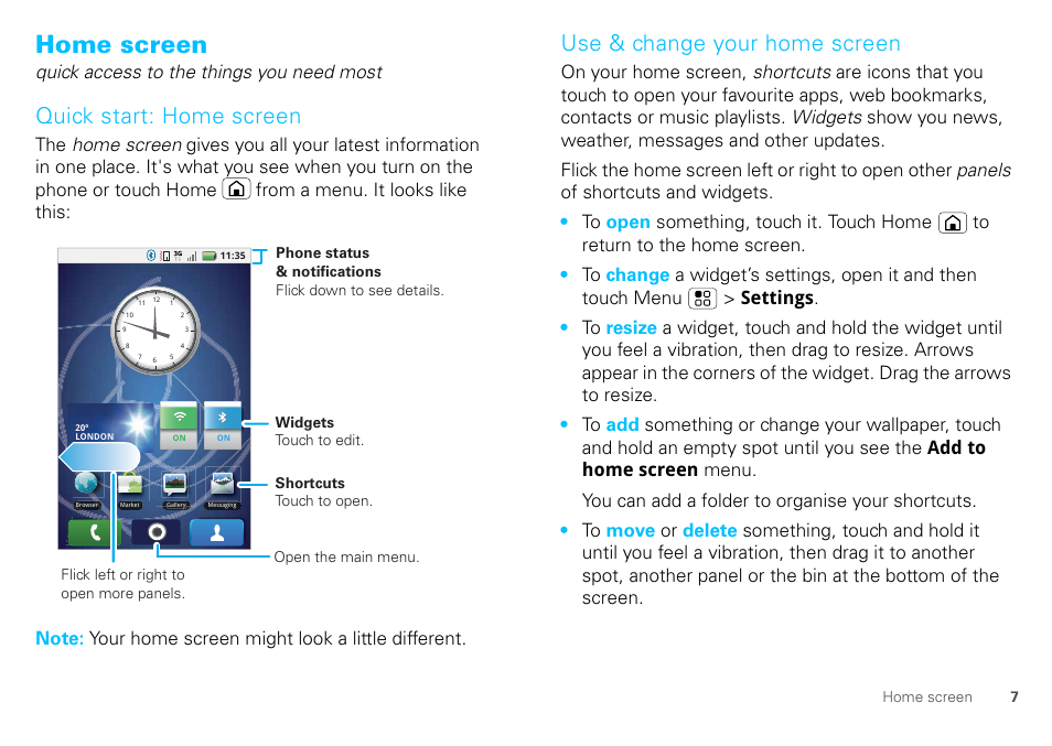 Home screen, Quick start: home screen, Use & change your home screen | Motorola DEFY XT300 User Manual | Page 9 / 66