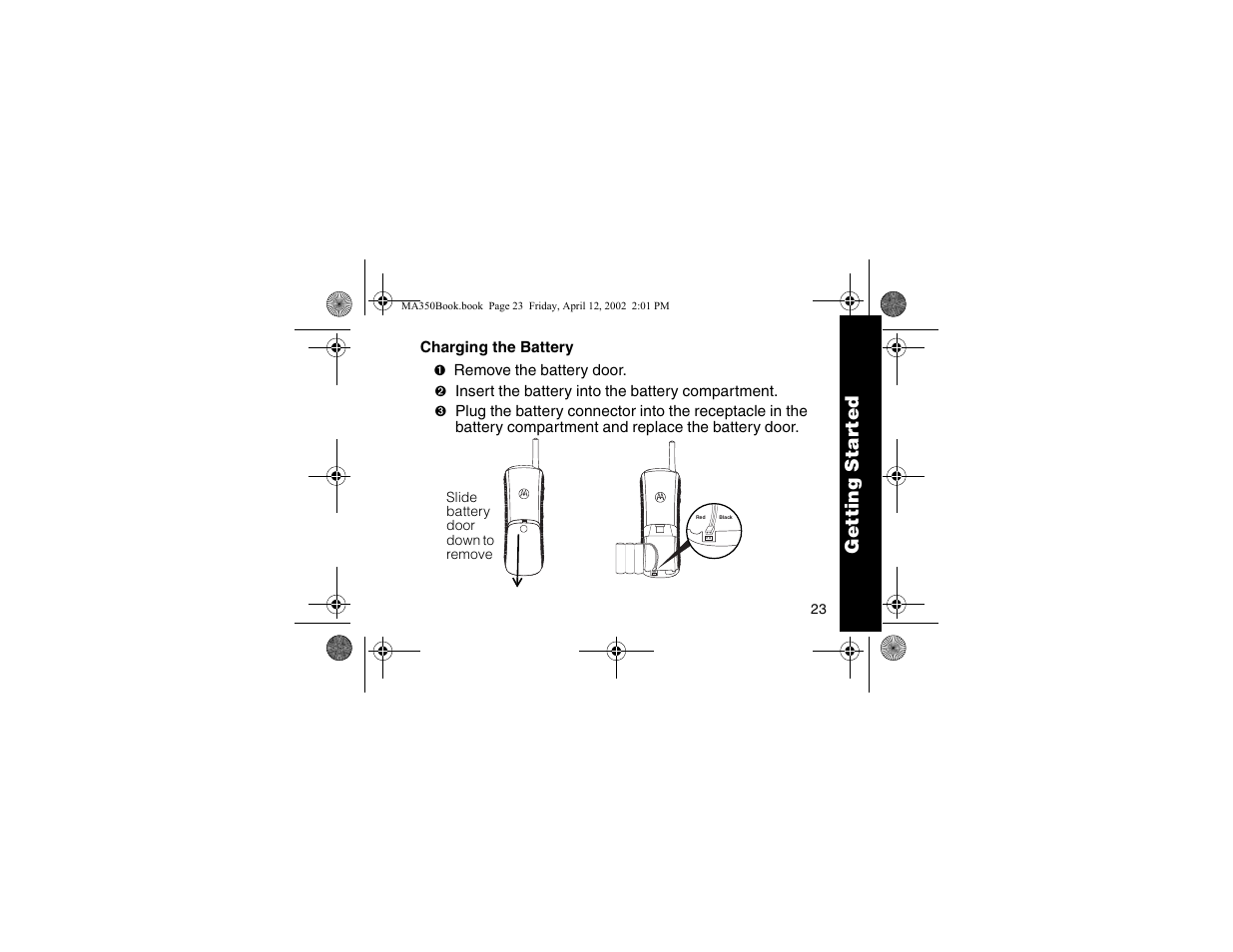 Charging the battery, Getting star ted | Motorola MA350 User Manual | Page 25 / 60