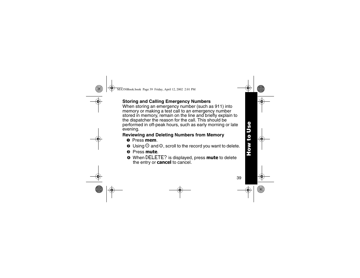 Storing and viewing emergency numbers | Motorola MA350 User Manual | Page 41 / 60