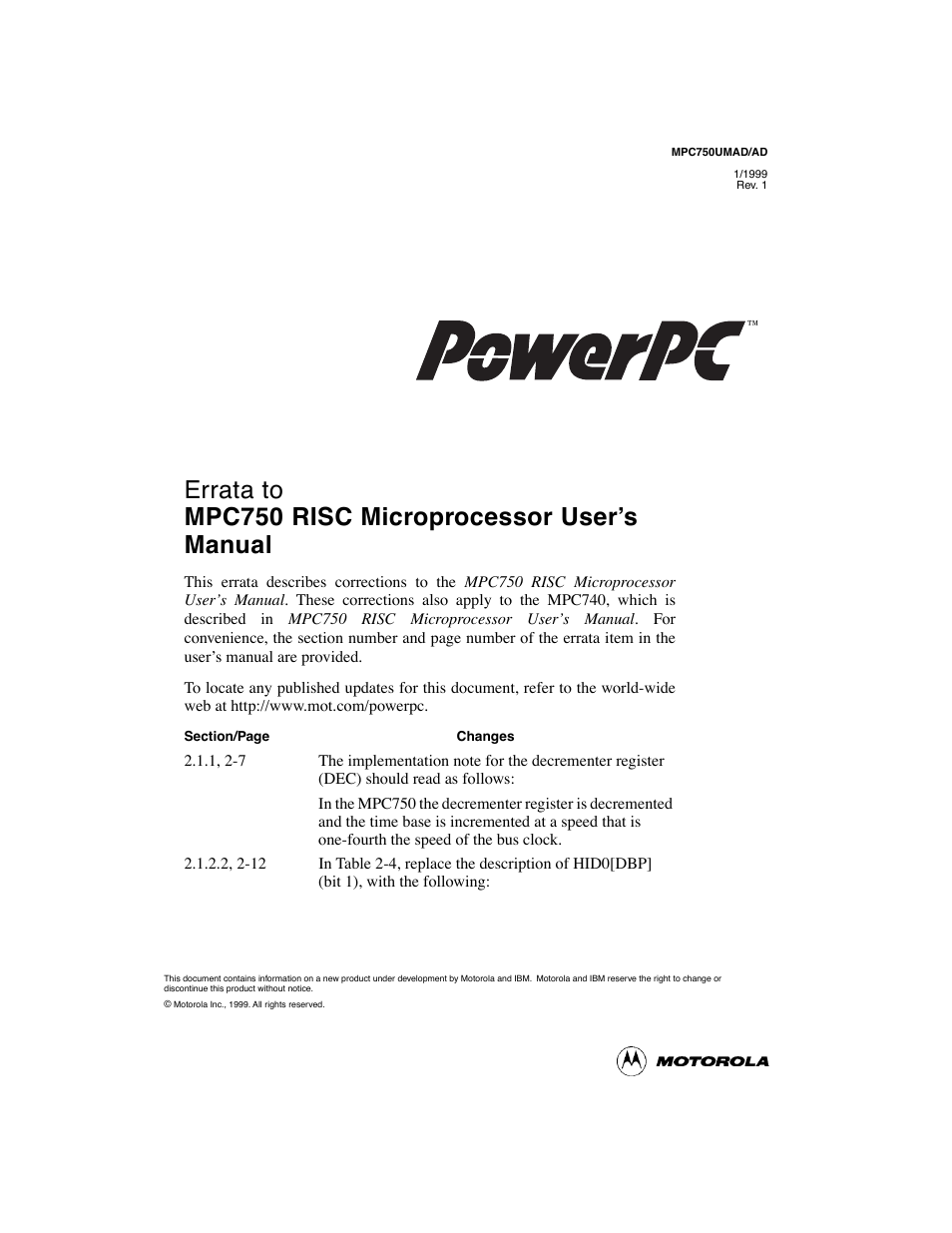 Motorola MPC750 User Manual | 4 pages