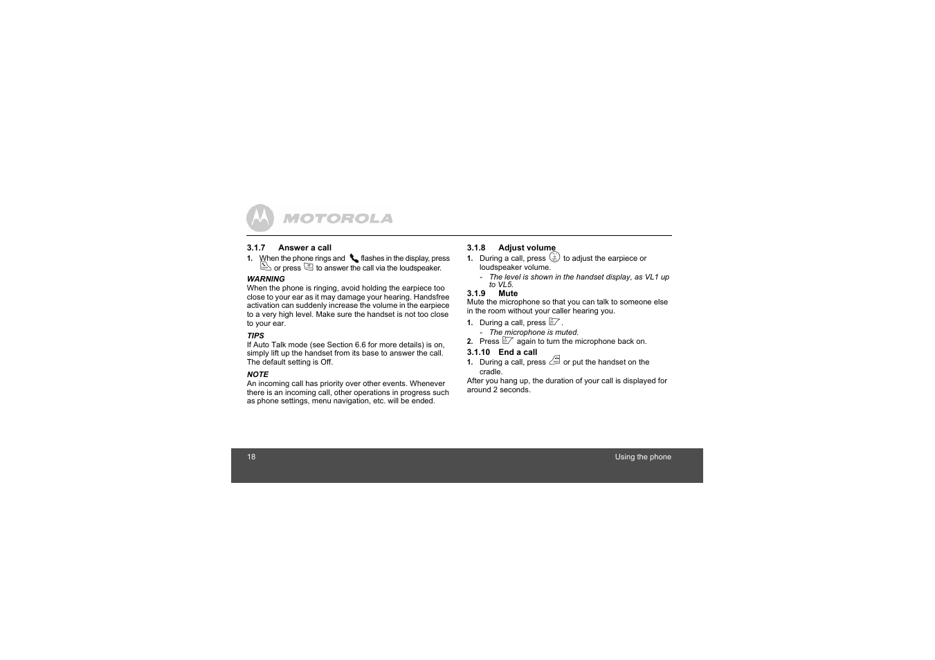 7 answer a call, 8 adjust volume, 9 mute | 10 end a call | Motorola L404 User Manual | Page 18 / 51