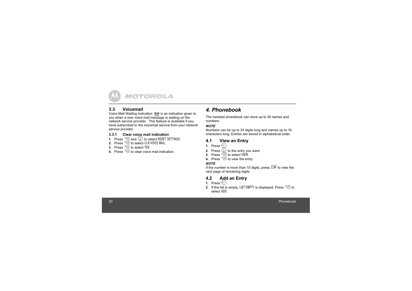 3 voicemail, 1 clear voice mail indication, Phonebook | 1 view an entry, 2 add an entry | Motorola L404 User Manual | Page 20 / 51