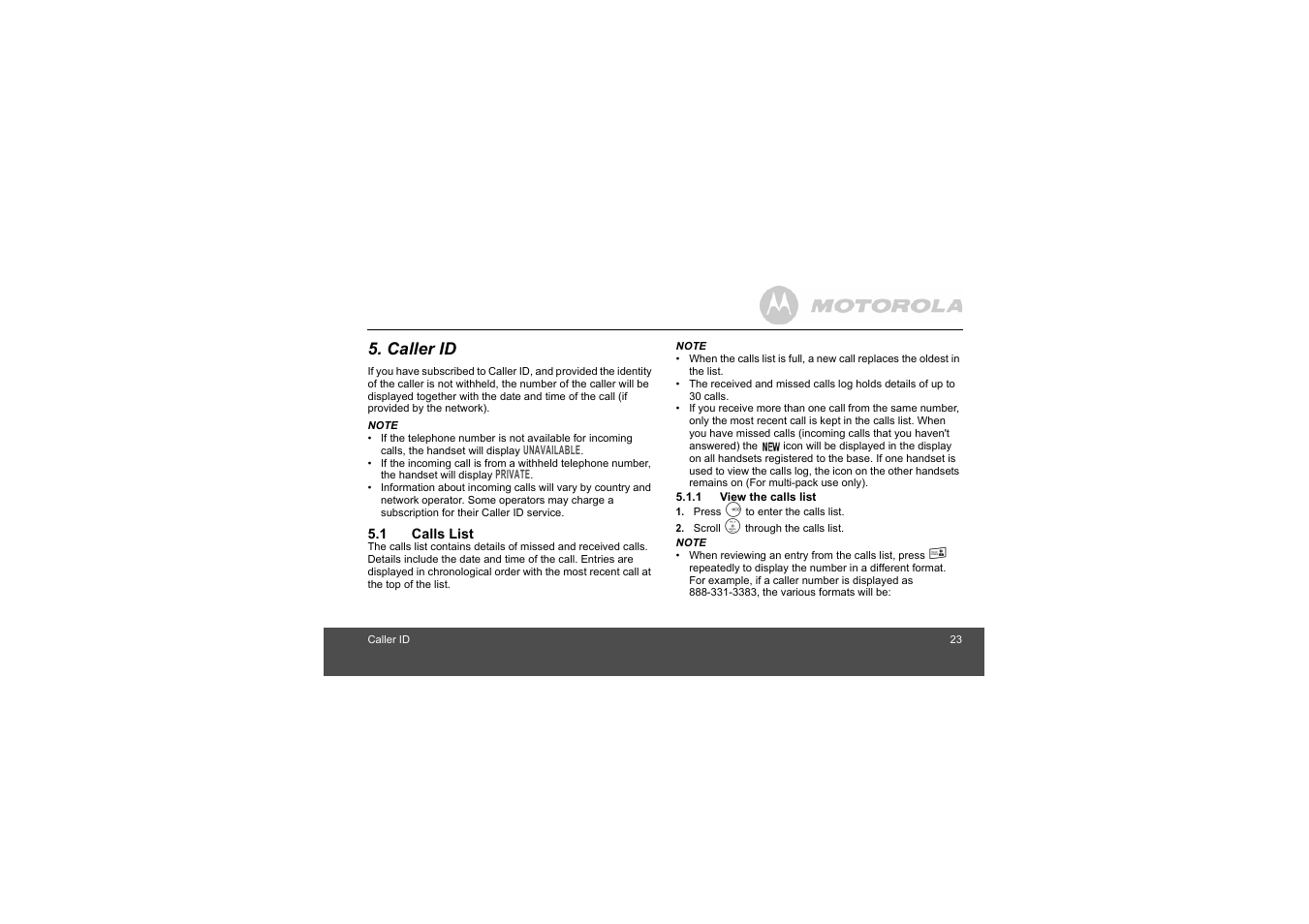 Caller id, 1 calls list, 1 view the calls list | Motorola L404 User Manual | Page 23 / 51