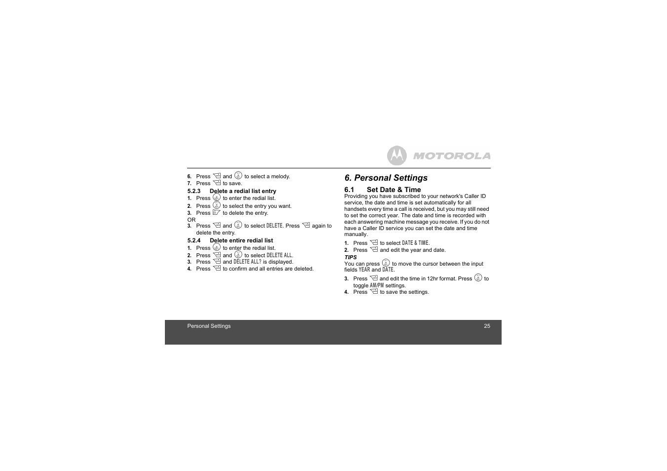 3 delete a redial list entry, 4 delete entire redial list, Personal settings | 1 set date & time, Set date & time | Motorola L404 User Manual | Page 25 / 51