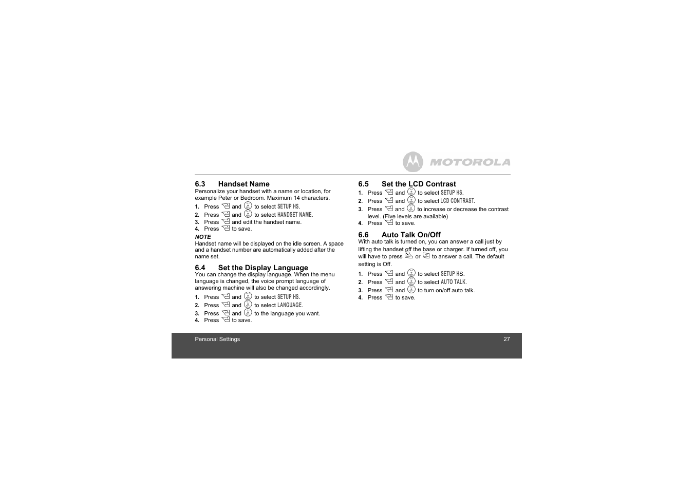 3 handset name, 4 set the display language, 5 set the lcd contrast | 6 auto talk on/off | Motorola L404 User Manual | Page 27 / 51