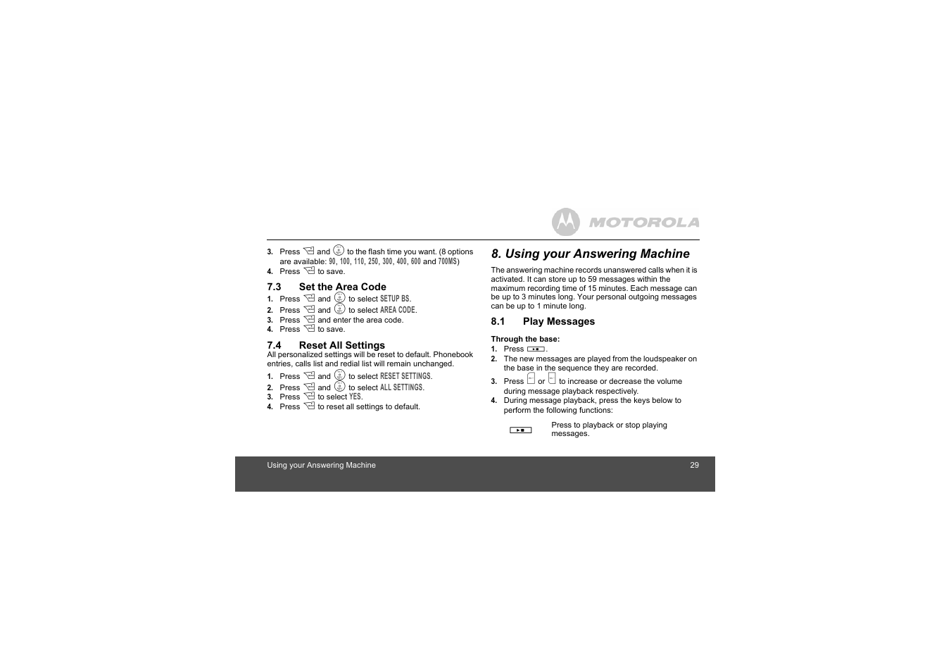 3 set the area code, 4 reset all settings, Using your answering machine | 1 play messages | Motorola L404 User Manual | Page 29 / 51