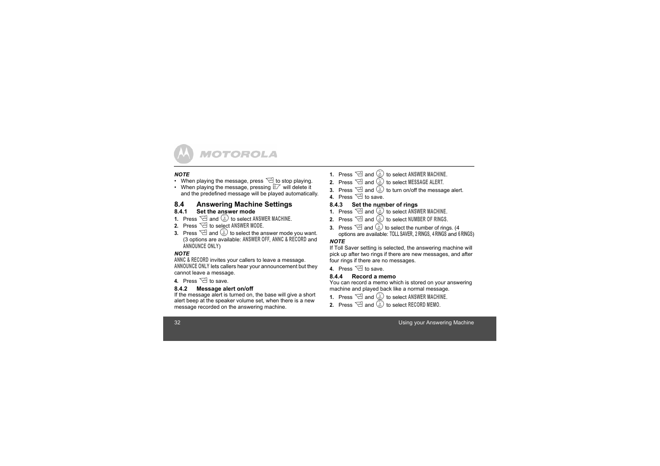4 answering machine settings, 1 set the answer mode, 2 message alert on/off | 3 set the number of rings, 4 record a memo | Motorola L404 User Manual | Page 32 / 51