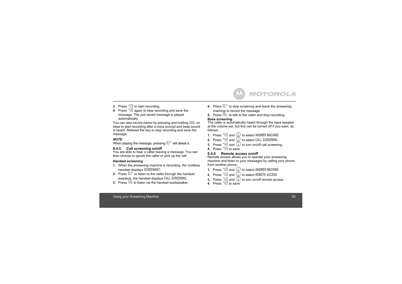 5 call screening on/off, 6 remote access on/off | Motorola L404 User Manual | Page 33 / 51