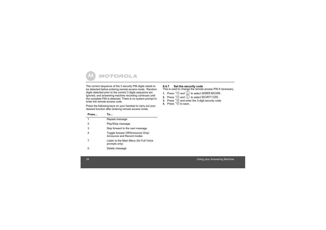 7 set the security code | Motorola L404 User Manual | Page 34 / 51