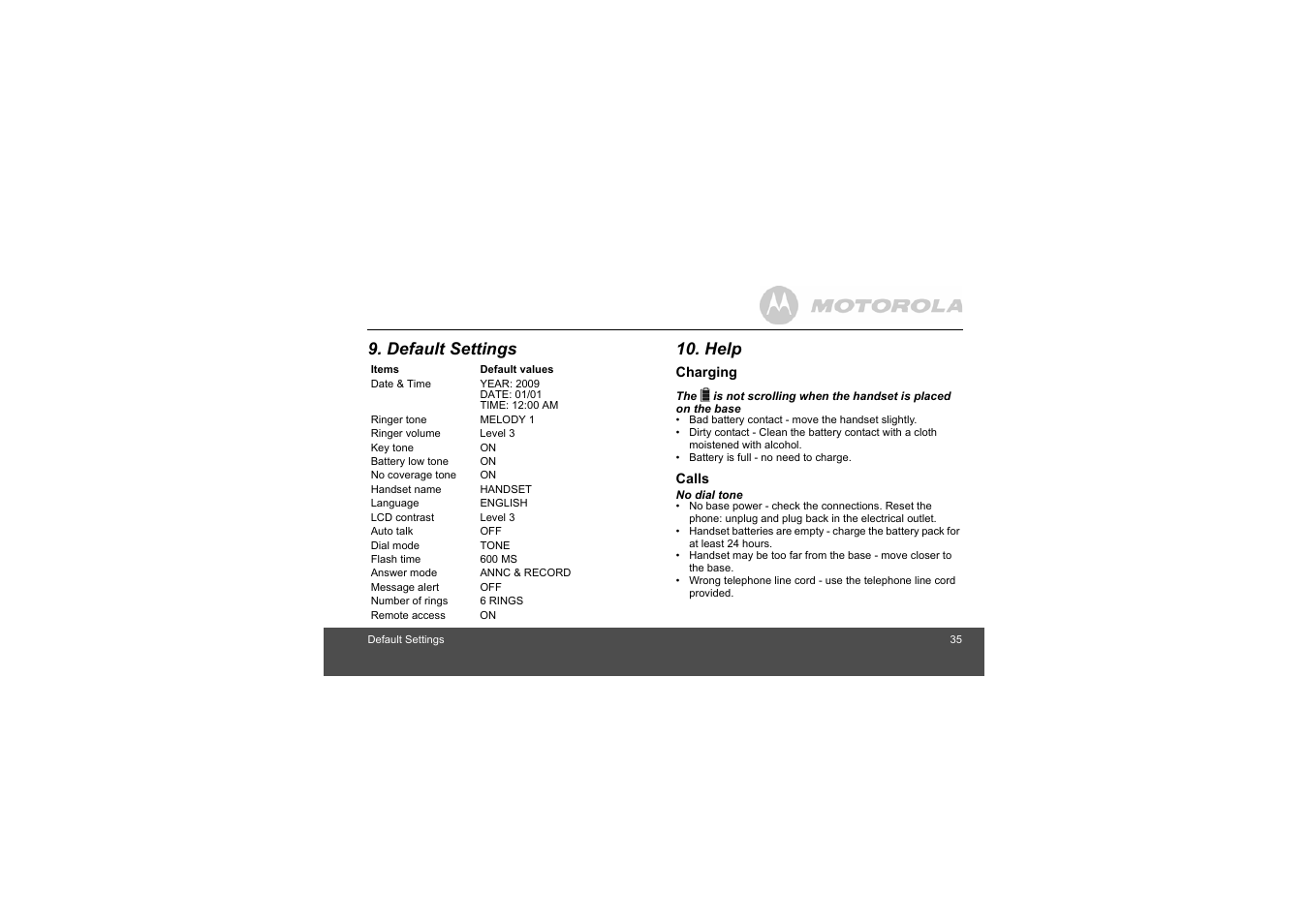 Default settings, Help, Default settings 10. help | Motorola L404 User Manual | Page 35 / 51
