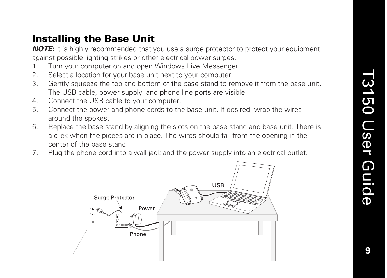 T3150 user guide, Installing the base unit | Motorola T3150 User Manual | Page 23 / 62