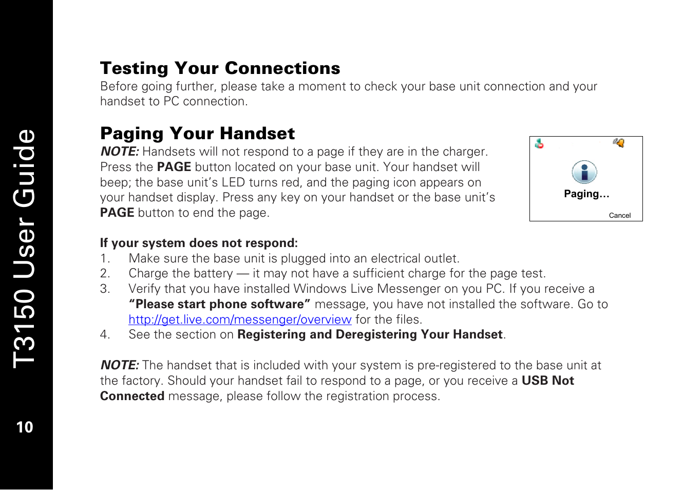 T3150 user guide, Testing your connections, Paging your handset | Motorola T3150 User Manual | Page 24 / 62