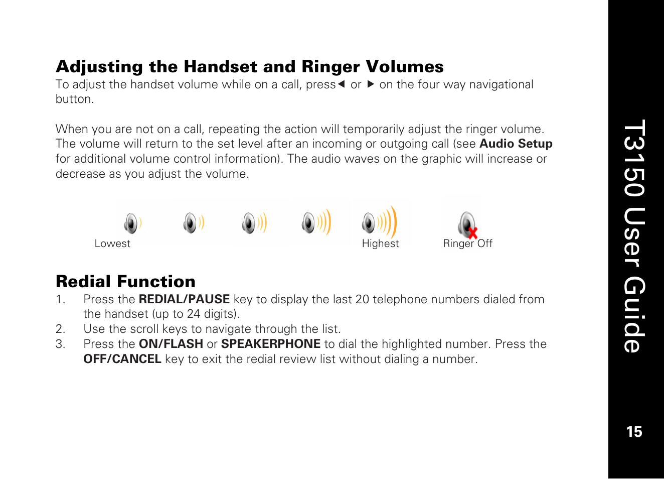 T3150 user guide, Adjusting the handset and ringer volumes, Redial function | Motorola T3150 User Manual | Page 29 / 62