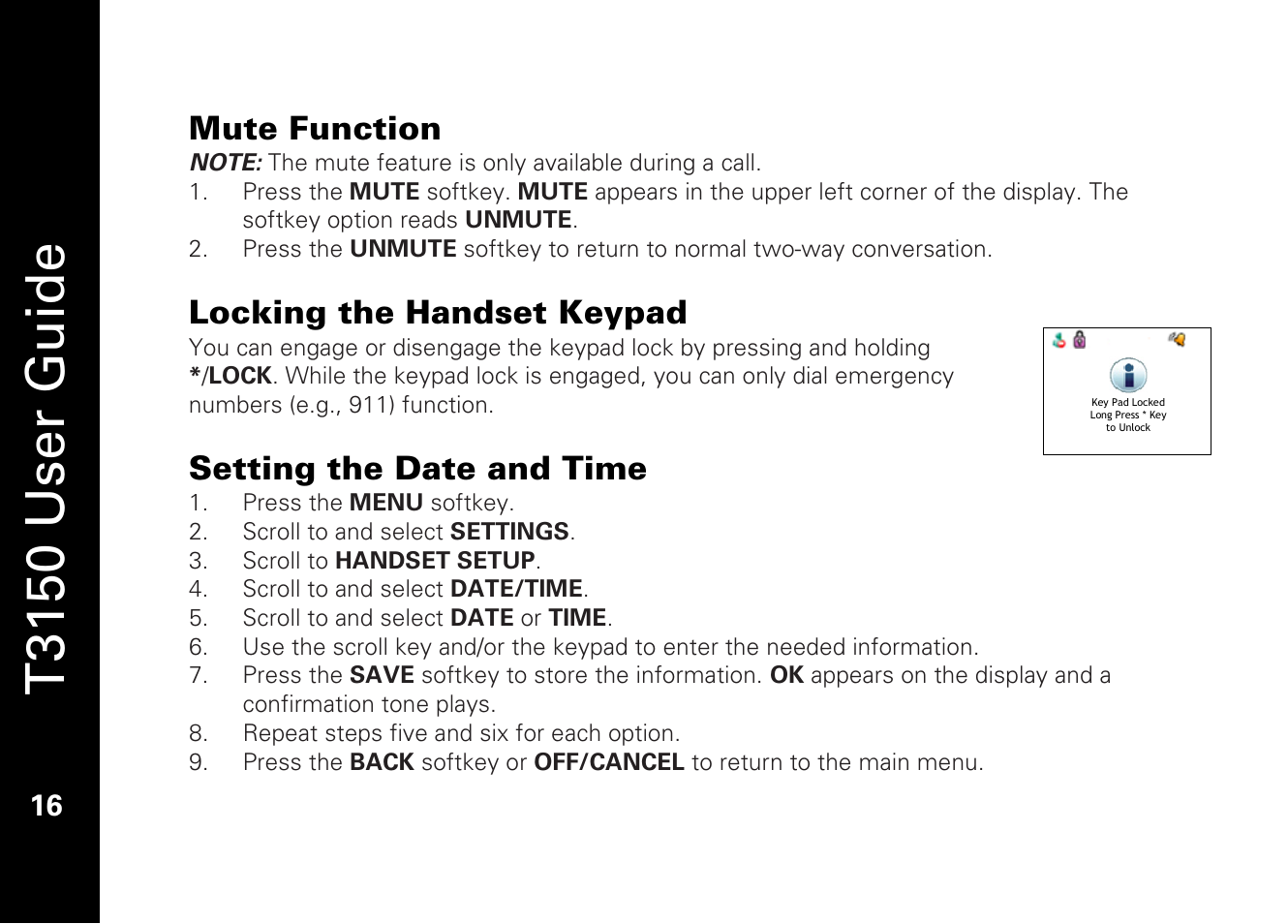 T3150 user guide, Mute function, Locking the handset keypad | Setting the date and time | Motorola T3150 User Manual | Page 30 / 62