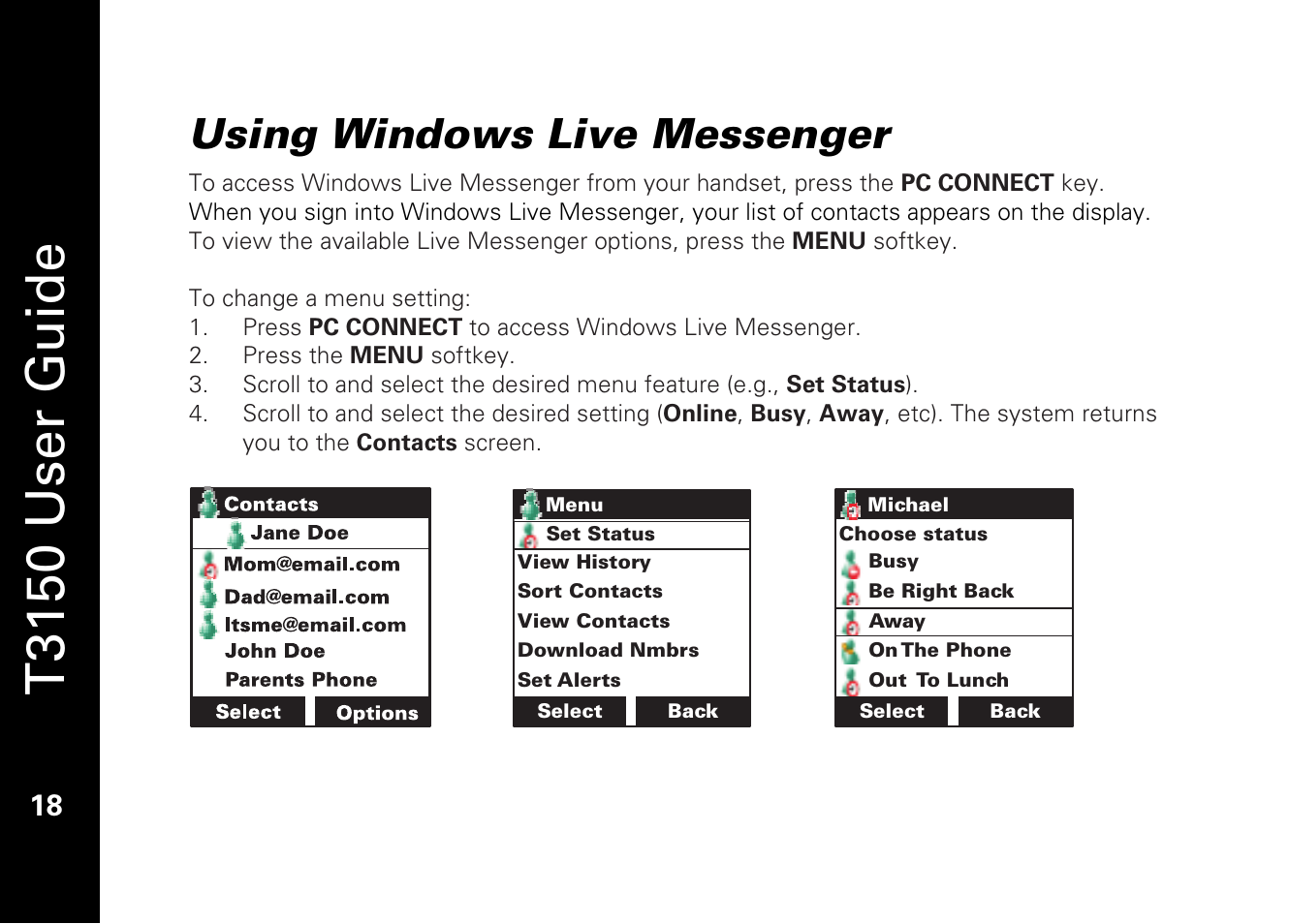 T3150 user guide, Using windows live messenger | Motorola T3150 User Manual | Page 32 / 62