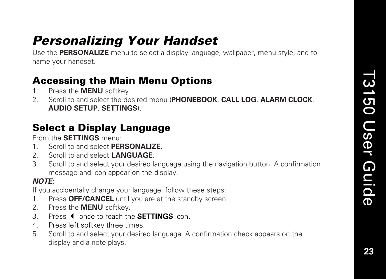 T3150 user guide, Personalizing your handset, Accessing the main menu options | Select a display language | Motorola T3150 User Manual | Page 37 / 62
