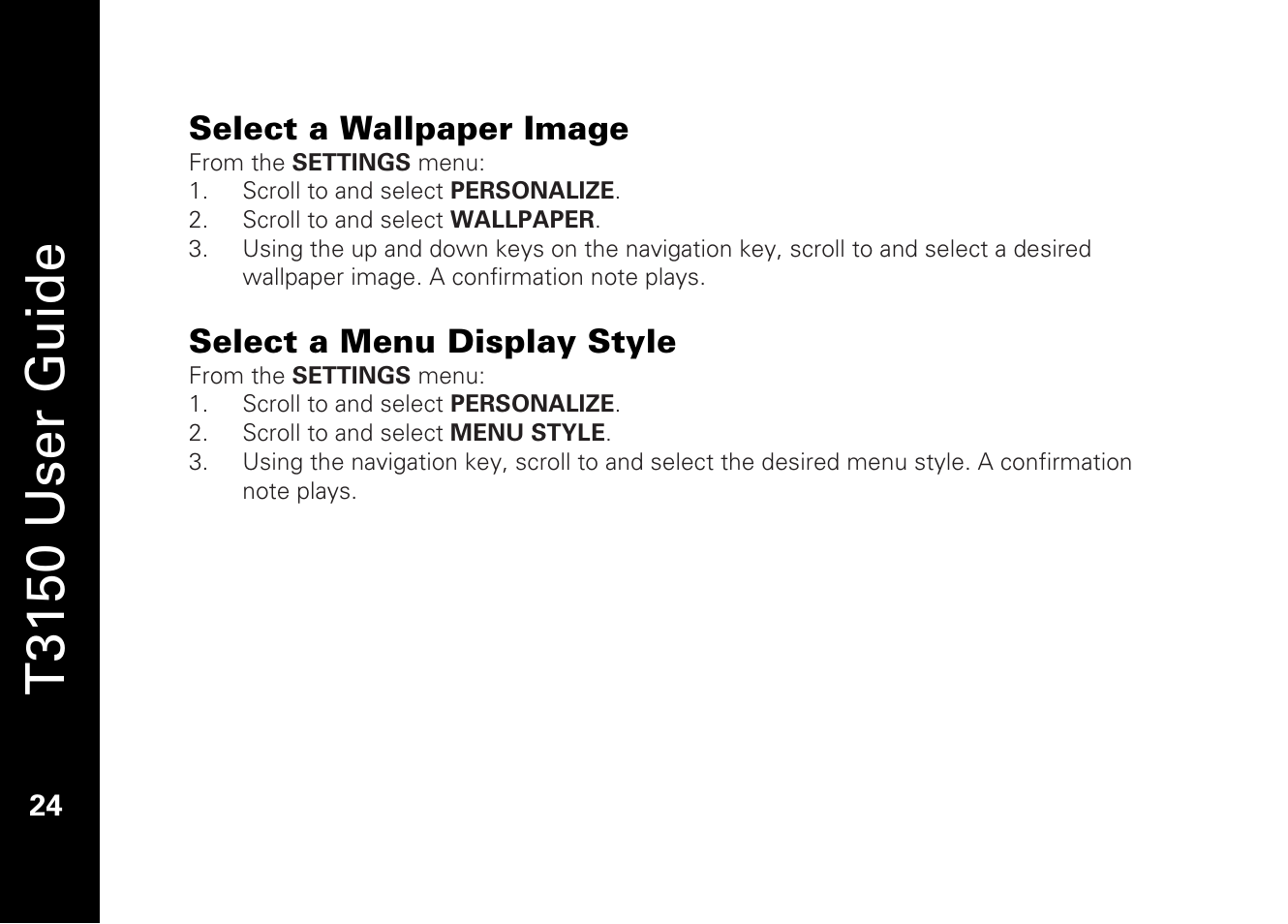 T3150 user guide, Select a wallpaper image, Select a menu display style | Motorola T3150 User Manual | Page 38 / 62