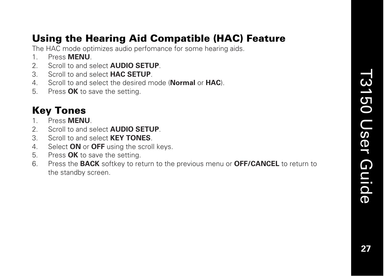 T3150 user guide, Using the hearing aid compatible (hac) feature, Key tones | Motorola T3150 User Manual | Page 41 / 62