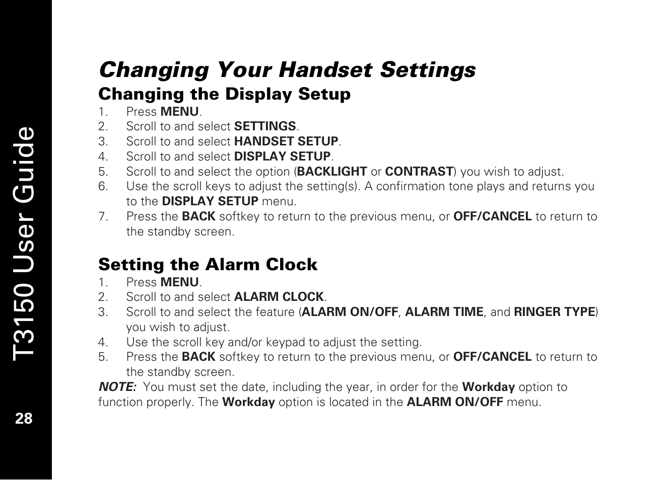 T3150 user guide, Changing your handset settings, Changing the display setup | Setting the alarm clock | Motorola T3150 User Manual | Page 42 / 62