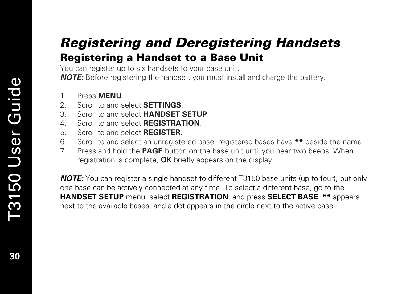T3150 user guide, Registering and deregistering handsets, Registering a handset to a base unit | Motorola T3150 User Manual | Page 44 / 62