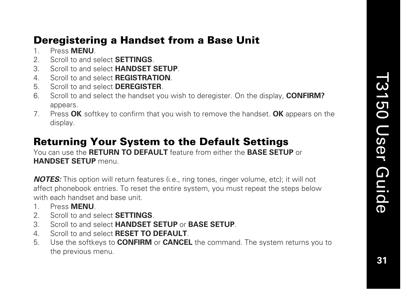 T3150 user guide, Deregistering a handset from a base unit, Returning your system to the default settings | Motorola T3150 User Manual | Page 45 / 62